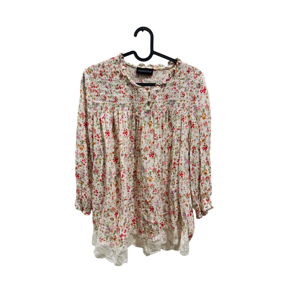Cynthia Rowley Smocked Floral Print‎ Lace Trim Long Sleeve Blouse Top Women